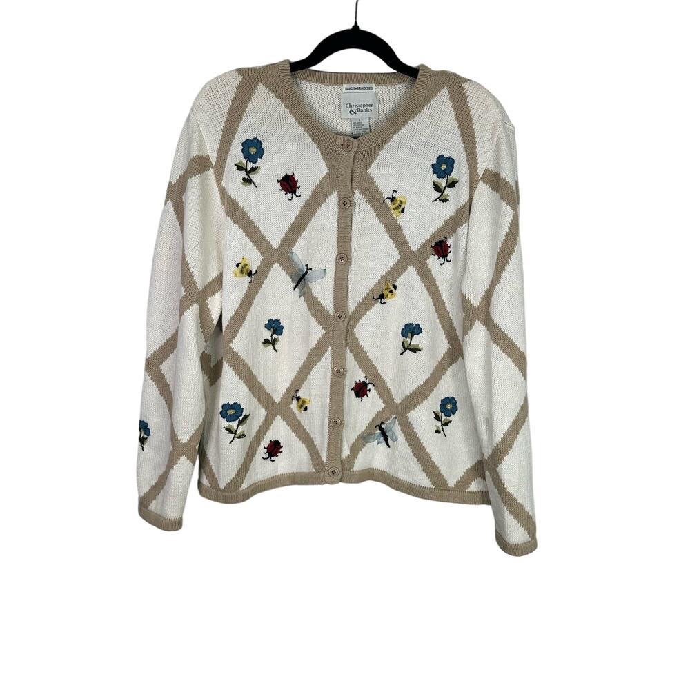 Vintage Y2K Christoper & Banks Women's Hand Embroidered Floral Cardigan Size L